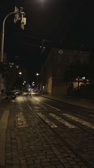 Dark, paved street with street lights leading into darkness, Prague, Czech Republic