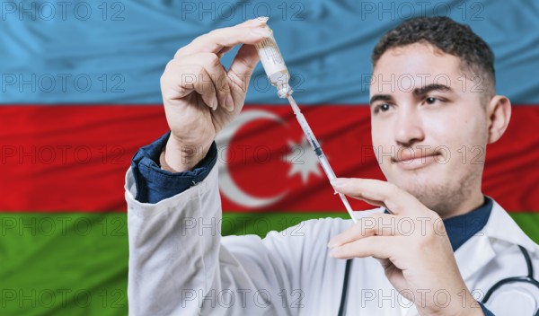 Doctor holding syringe on Azerbaijan flag background. Medical professional holding syringe with Azerbaijani flag in the background