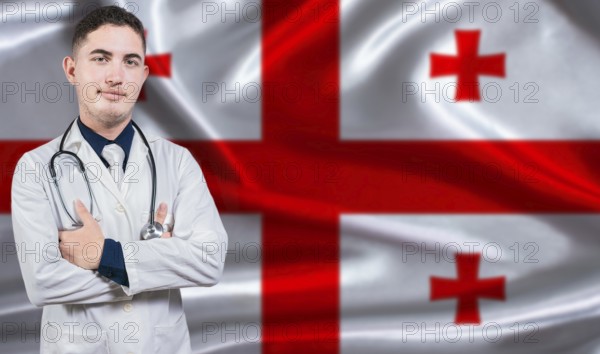 Portrait of medical professional on Georgia flag background. Georgian national health system