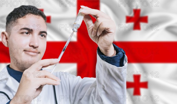 Doctor holding syringe on Georgia flag background. Medical professional holding syringe with Georgian flag in the background