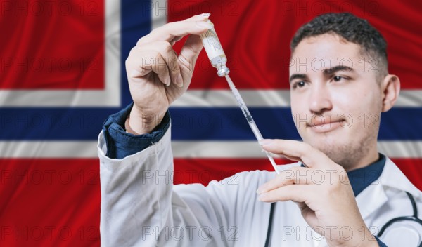 Doctor holding syringe on Norway flag background. Medical professional holding syringe with Norwegian flag in the background