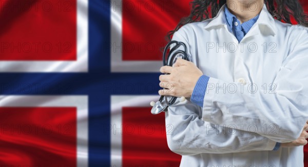 Healthcare professional with Norway flag background. Professional doctor holding stethoscope on Norway flag background