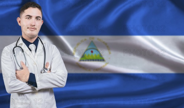 Portrait of medical professional on Nicaragua flag background. Nicaraguan national health system