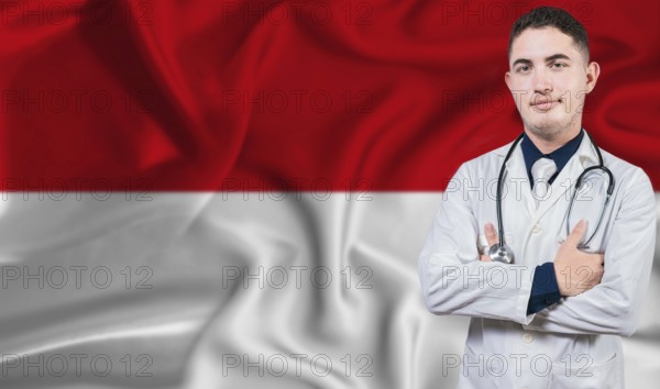 Portrait of medical professional on Monaco flag background. Monegasque national health system