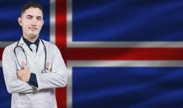 Portrait of medical professional on Iceland flag background. Icelandic national health system