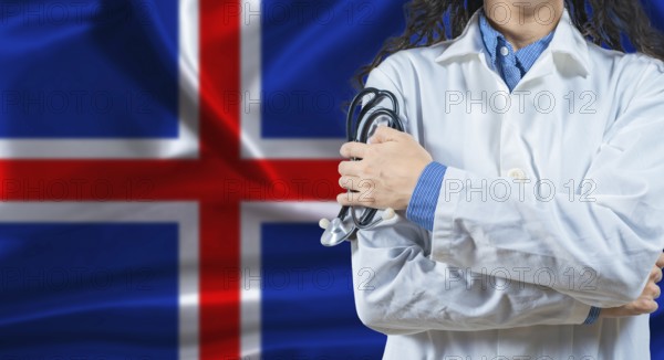 Healthcare professional with Iceland flag background. Professional doctor holding stethoscope on Iceland flag background