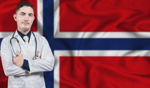 Portrait of medical professional on Norway flag background. Norwegian national health system