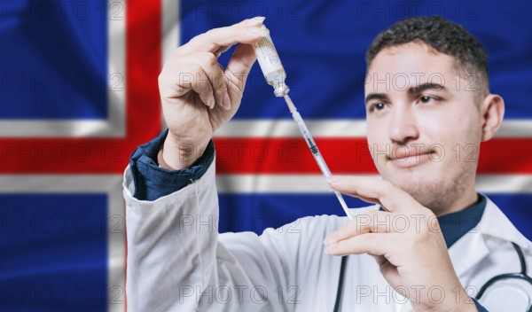 Doctor holding syringe on Iceland flag background. Medical professional holding syringe with Icelandic flag in the background