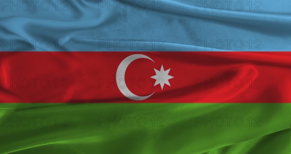 Flag of Azerbaijan with fabric textured background. Close up of National flag of Azerbaijan with realistic texture