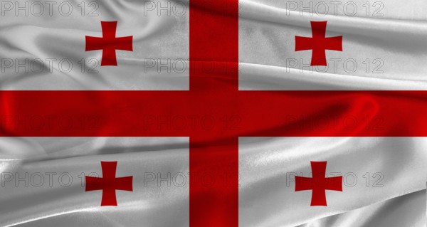 Flag of Georgia with fabric textured background. Close up of National flag of Georgia with realistic texture