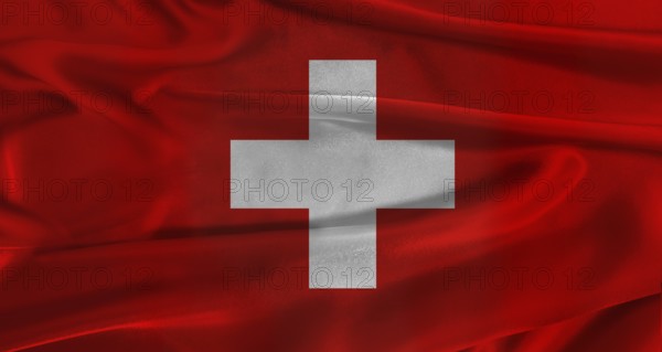 Flag of Switzerland with fabric textured background. Close up of National flag of Switzerland with realistic texture