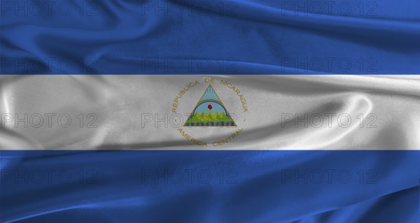 Flag of Nicaragua with fabric textured background. Close up of National flag of Nicaragua with realistic texture