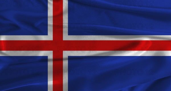 Flag of Iceland with fabric textured background. Close up of National flag of Iceland with realistic texture