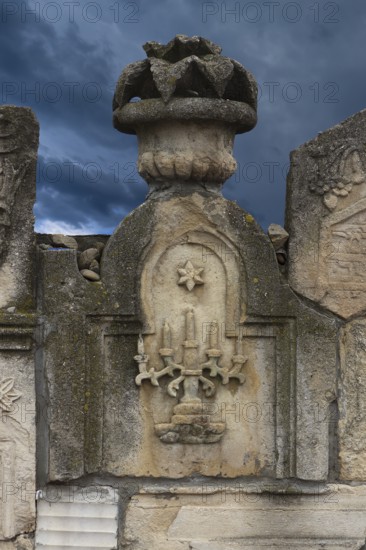 Tombstone with five-armed chandelier, Jewish cemetery, since 1866, Czernowicz, Bukovina, Ukraine
