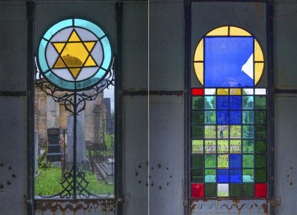 Colored windows in a grave of the first Jewish mayor Dr. Eduard Reiss in Czernowicz, 1850-1907, Jewish cemetery, since 1866, Czernowicz, Bukovina, Ukraine