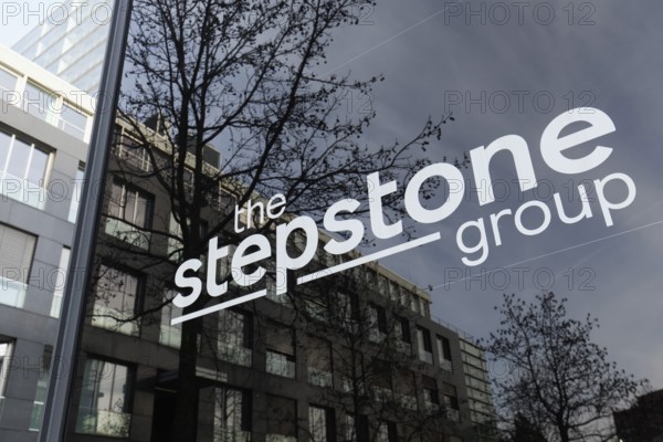 The Stepstone Group, logo at Germany headquarters, recruiting platform, Düsseldorfer Medienhafen, Düsseldorf, North Rhine-Westphalia, Germany