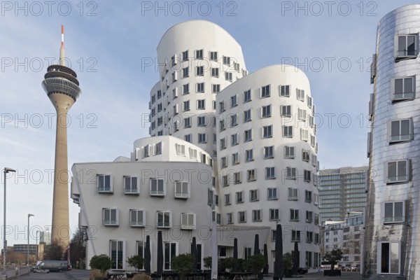 New Zollhof by architect Frank O. Gehry, house with white plaster façade, Gehry buildings in the style of deconstructivism, Düsseldorf, North Rhine-Westphalia, Germany