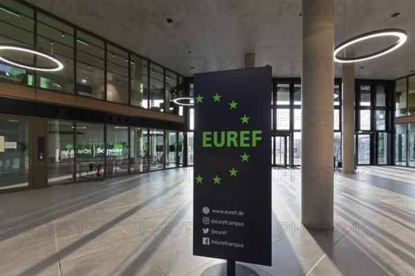 EUREF-Campus Düsseldorf, atrium with logo, European Energy Forum for Climate Protection and Electric Mobility, Energiewende, Düsseldorf, North Rhine-Westphalia, Germany