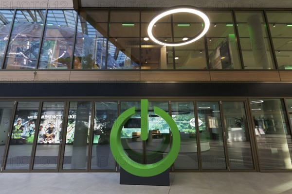 Green Power Button, sculpture in front of Schneider Electric SE's office, EUREF-Campus Düsseldorf, European Energy Forum for Climate Protection and Electric Mobility, Energiewende, Düsseldorf, North Rhine-Westphalia, Germany