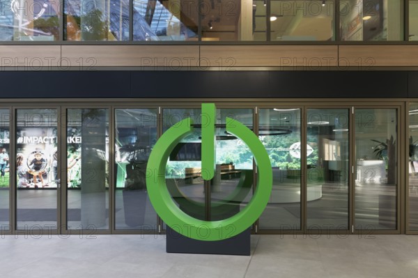 Green Power Button, sculpture in front of Schneider Electric SE's office, EUREF-Campus Düsseldorf, European Energy Forum for the Energy and Mobility Transition, Düsseldorf, North Rhine-Westphalia, Germany