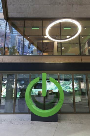 Green Power Button, sculpture in front of Schneider Electric SE's office, EUREF-Campus Düsseldorf, European Energy Forum for the Energy and Mobility Transition, Düsseldorf, North Rhine-Westphalia, Germany