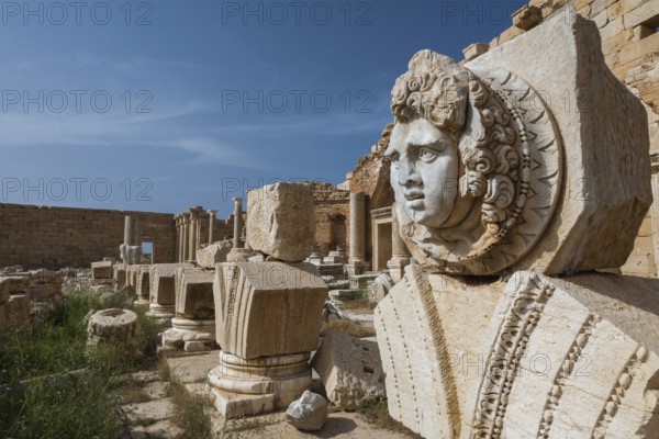 Lepcis Magna, Libya, North Africa. The head of the Medusa on the majestic ruins of the Ancient Greco-Roman city of Tripolitania