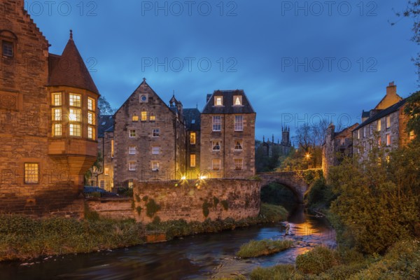Edinburgh, Scotland, UK. Historic buildings in Dean Village along the water of Leith in the evening light