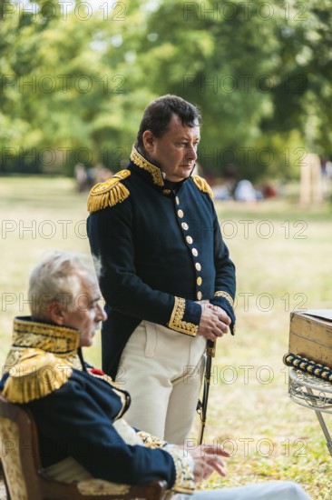 Slavkov u Brna, Czech Republic, Eastern Europe. Emperor Bonaparte played by Roberto Colla and his right hand General Legrand prepare for battle during a historic re-enactment of the Battle of Austerlitz on the grounds where the real battle took place then the Austro Hungarian Empire today part of Czech Republic