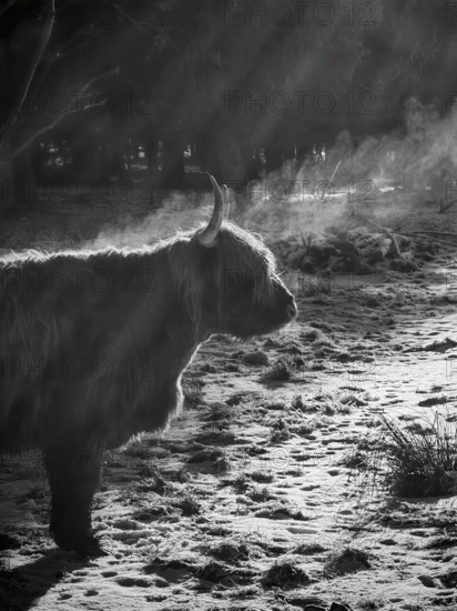 A Highland cattle (bos taurus taurus) stands on an icy meadow in winter and steams in the sun's rays, black and white, Rennsteig, Franconian Forest nature park Park