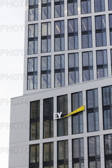 Ernst & Young, Logo Ey am Bürohochhaus Pandion Rise, auditing firm, Düsseldorf, North Rhine-Westphalia, Germany
