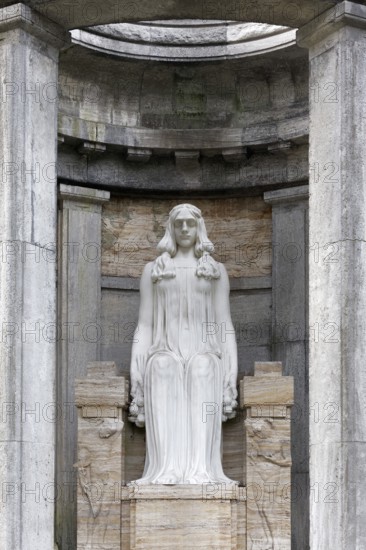 Seated marble female figure by sculptor Karl Janssen, burial place of the Henkel family of industrialists, Nordfriedhof Düsseldorf, North Rhine-Westphalia, Germany