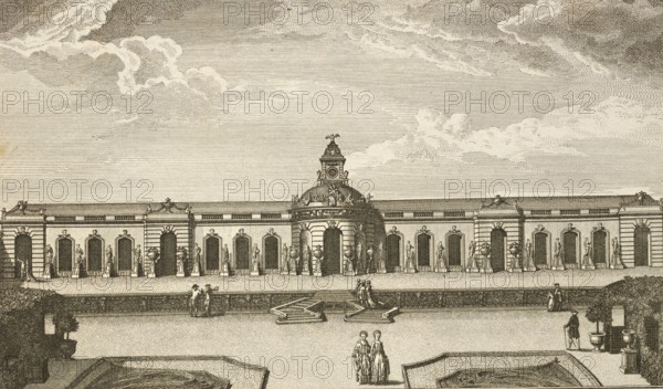 Picture gallery in the Royal Garden of Sanssoucy, Sanssouci in Potsdam, around 1850, Germany, authentic, digitally restored reproduction from a model from the 19th century, exact date of presentation unknown, historical