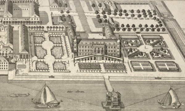 Margrave's Palace and Garden in Schwedt, around 1850, Germany, authentic, digitally restored reproduction from a 19th century model, exact date of depiction unknown, historical