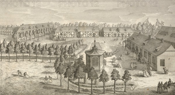 The Gesundbrunnen near Berlin with water container, catering house, large stable, gardener's house and paper mill, around 1850, Germany, authentic, digitally restored reproduction from a 19th century model, exact date of presentation unknown, historical