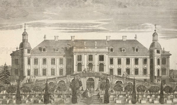 Margrave's Castle in Schwedt, garden side, around 1850, Germany, authentic, digitally restored reproduction from a 19th century model, exact date of depiction unknown, historical