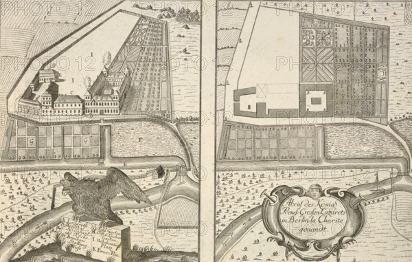 Outline of the Royal Prussian Grand Hospital in Berlin, called Charite, around 1850, Germany, authentic, digitally restored reproduction from a 19th century model, exact date of presentation unknown, historical