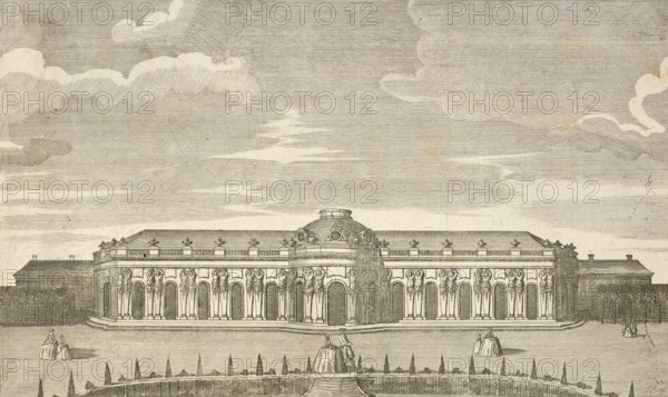 Royal pleasure palace Sanssoucy, Sanssouci near Potsdam, front, around 1850, Germany, authentic, digitally restored reproduction from a model from the 19th century, exact date of presentation unknown, historical