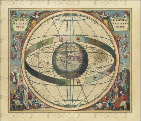 Historical sky map known as Scenographia Systematis Mundani Ptolemaic. It is a representation of Claudius Ptolemy's geocentric view of the world, in which the earth is at the center of the universe. The map is from the Harmonia Macrocosmica sky atlas by Andreas Cellarius, which was first published in 1660/1661. It shows the Earth as an immovable center, surrounded by the orbits of the Moon, the Sun, Mercury, Venus, Mars, Jupiter and Saturn, followed by a sphere of fixed stars, zodiac signs, digitally restored reproduction from a 17th century original, authentic, exact date of presentation unknown