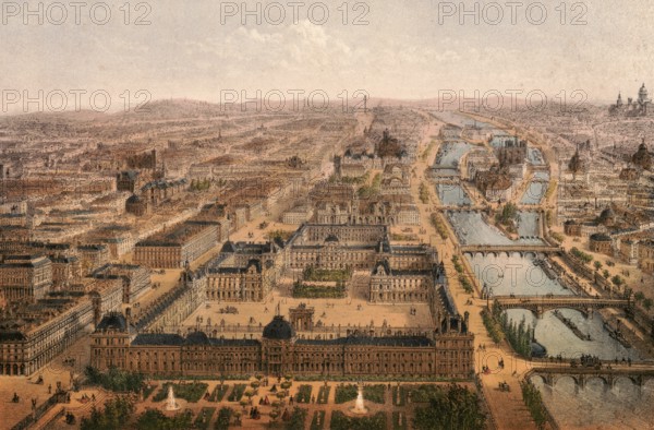 Panorama of the Jardin des Tuileries, Tuileries Garden, 25-hectare French Baroque garden in the 1st arrondissement of Paris, located between the Louvre and Place de la Concorde, around 1900, France, authentic, digitally restored reproduction from a 19th century model, exact date of presentation unknown, historical