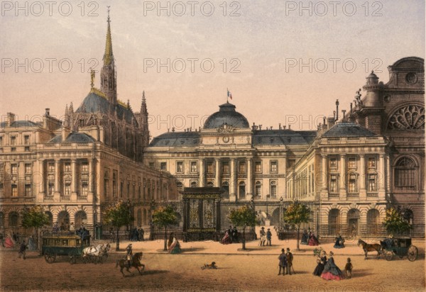 Palais de Justice and the Sainte-Chapelle, together with the Conciergerie, form the historic core of the former royal palace, Palais de la Cite, on the Ile de la Cité in the heart of Paris, around 1900, France, authentic, digitally restored reproduction from a 19th century model, exact date of presentation unknown, historical