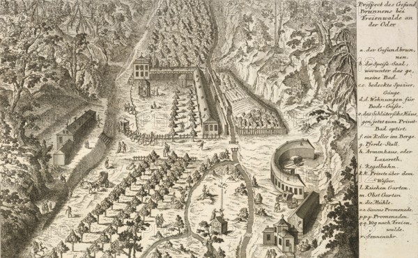 The Gesundbrunnen near Freienwald an der Oder, around 1850, Germany, authentic, digitally restored reproduction from a 19th century model, exact date of depiction unknown, historical