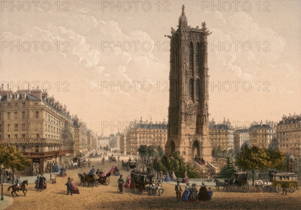 The Tour Saint-Jacques, late Gothic tower in the 4th arrondissement of Paris, the only remnant of the Saint-Jacques-la-Boucherie church destroyed during the French Revolution, around 1900, France, authentic, digitally restored reproduction from a 19th-century model, exact date of presentation unknown, historical