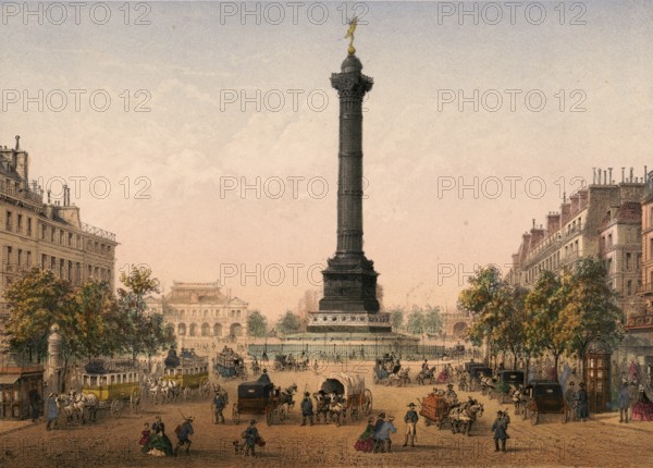 Place de la Bastille is one of the most historic squares in Paris and marks the place where the notorious Bastille fortress once stood, whose storm heralded the start of the French Revolution on July 14, 1789, here with July Column, Colonne de Juillet, around 1900, France, authentic, digitally restored reproduction of a model from the 19th century, exact date of presentation unknown, historical