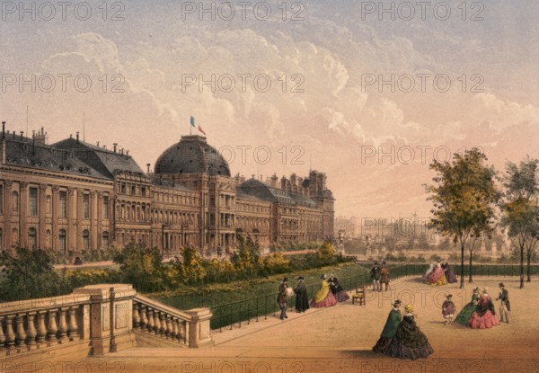 Jardin des Tuileries, Tuileries Garden, 25-hectare French Baroque garden in the 1st arrondissement of Paris, located between the Louvre and Place de la Concorde, around 1900, France, authentic, digitally restored reproduction from a 19th century model, exact date of presentation unknown, historical