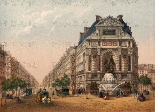 Fontaine Saint-Michel, monumental fountain in the Latin Quarter in Paris, completed in 1860 by architect Gabriel Davioud, on Place Saint-Michel directly on a house façade and marks the beginning of Boulevard Saint-Michel, Paris around 1900, France, authentic, digitally restored reproduction from a 19th century model, exact date of presentation unknown, historical