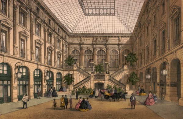 In the late 19th century, Cour du Grand Hotel du Louvre was a famous, covered courtyard of the hotel of the same name, magnificent interior with glass ceiling, horse-drawn carriages, pedestrians, tea services and a grand staircase that served as a lively transshipment point for travelers, Paris around 1900, France, authentic, digitally restored reproduction from a 19th century original, exact date of presentation unknown, historical