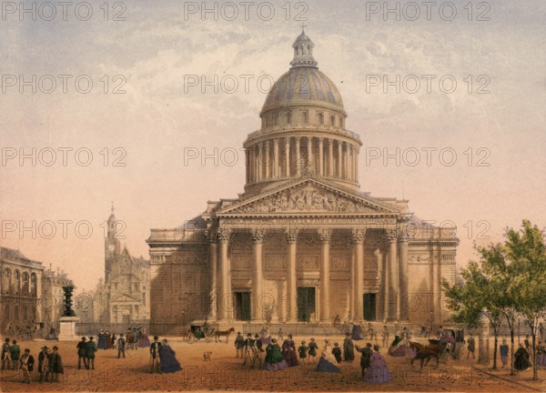 The Pantheon in Paris, a monumental classicist building in the Latin Quarter. Originally commissioned in the 18th century as a church in honor of Saint Genoveva, it was converted during the French Revolution into a mausoleum for important French figures, around 1900, France, authentic, digitally restored reproduction from a 19th-century model, exact date of depiction unknown, historical