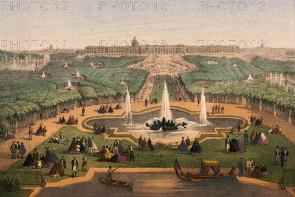 Palace of Versailles, Panorama du Chateau et du Park, around 1900, France, authentic, digitally restored reproduction from a 19th century model, exact date of depiction unknown, historical
