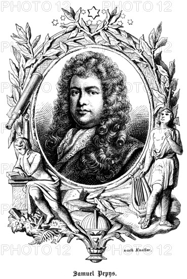 Samuel Pepys (1633-1703) famous travel book and diary author of his time, Secretary of State in the Navy Office, President of the Royal Society, Member of the English House of Commons, portrait of famous personalities, oval, curls, wig, numerous decorations, stars, harp, reading a book, telescope, leaves, art, steel engraving, historical illustration 1863