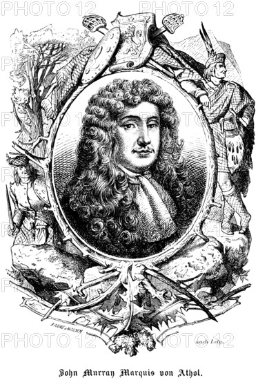 John Murray Marquis of Athol, Prince of Atholl, Scotland, portrait of famous people, oval, curls, wig, scarf, numerous ornaments, weapons, swords, shields, clan members, art, steel engraving, historical illustration 1863
